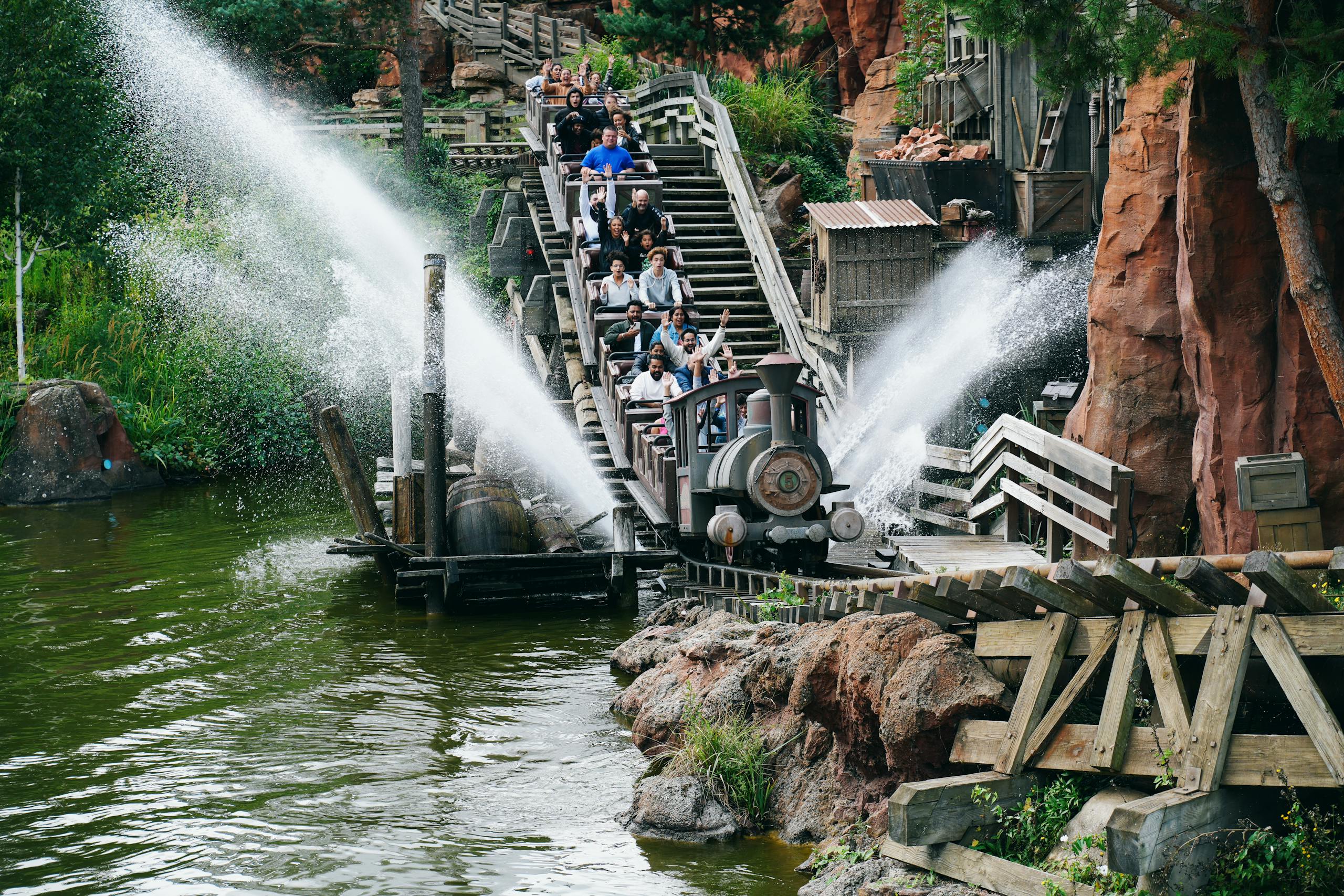 Thrilling train ride on Big Thunder Mountain at Disneyland Paris in France.